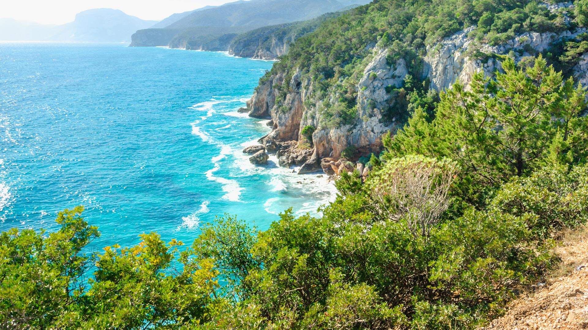 Groen beboste kustlijn met uitzicht op blauwe zee, sardinie, italie