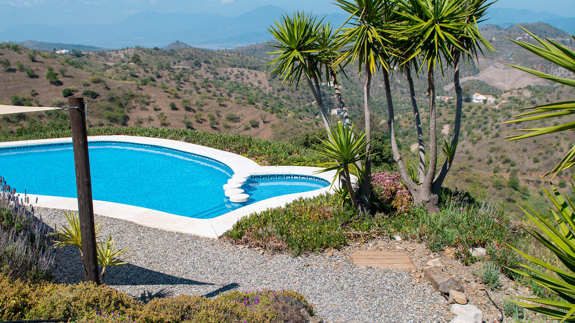 Zwembad met palmbomen uitkijkend op een dal en de zee